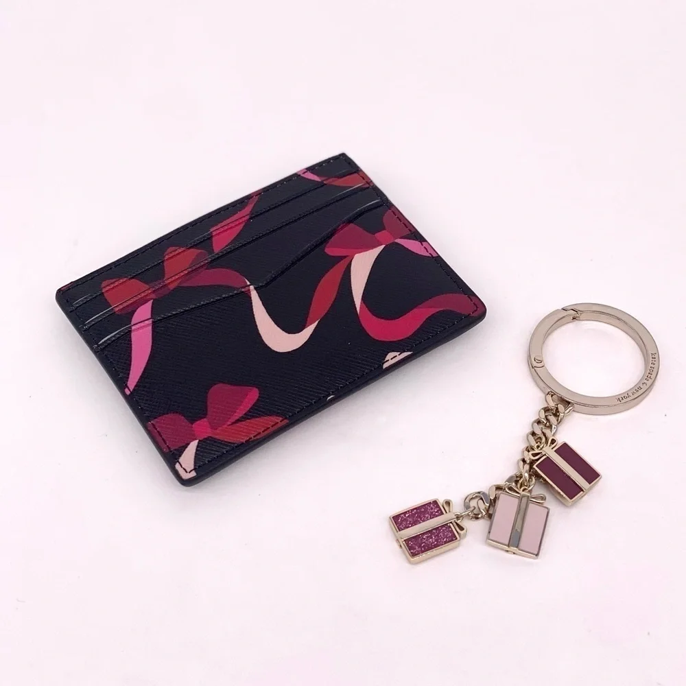 Kate Spade Staci Boxed Card Holder Small Wallet And Key Fob Ribbon Print